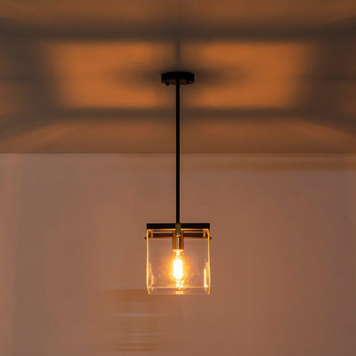Sleek Modern 1-Light Clear Glass Square Lantern Pendant for Kitchen or Dining