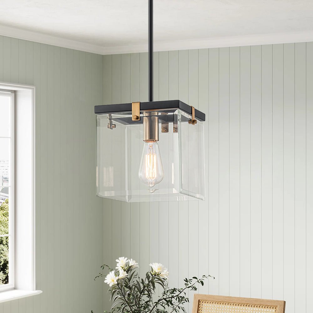 Sleek Modern 1-Light Clear Glass Square Lantern Pendant for Kitchen or Dining
