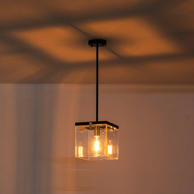 Sleek Modern 1-Light Clear Glass Square Lantern Pendant for Kitchen or Dining