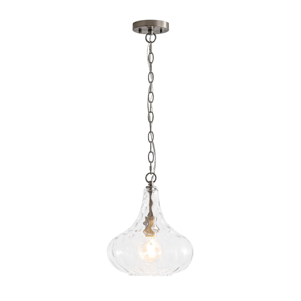 Modern 1-Light Clear Hammered Glass Mini Pendant with Brass Nickel Finish