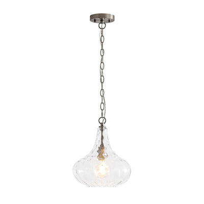 Modern 1-Light Clear Hammered Glass Mini Pendant with Brass Nickel Finish