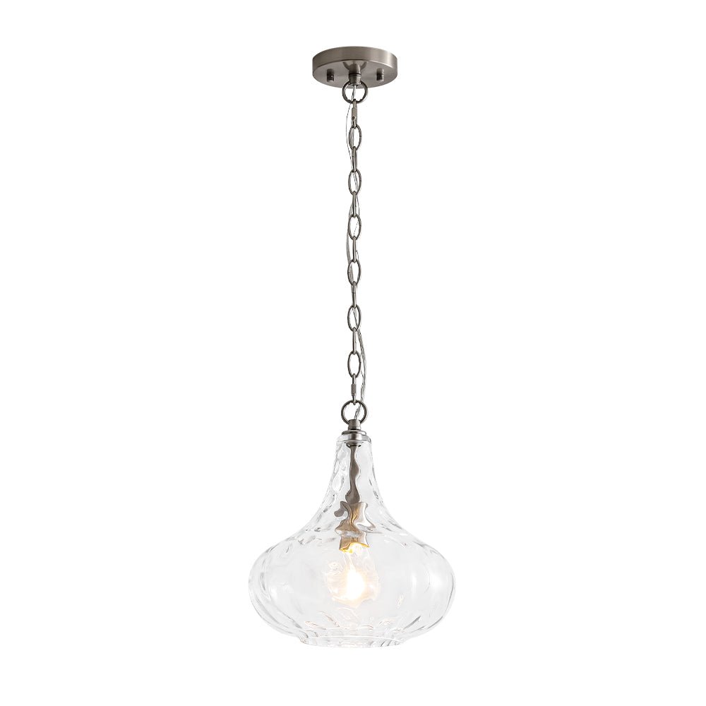 Modern 1-Light Clear Hammered Glass Mini Pendant with Brass Nickel Finish