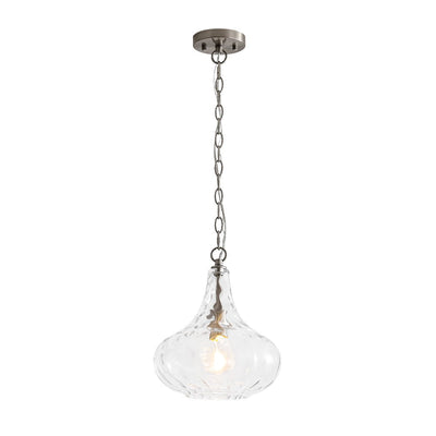 Modern 1-Light Clear Hammered Glass Mini Pendant with Brass Nickel Finish