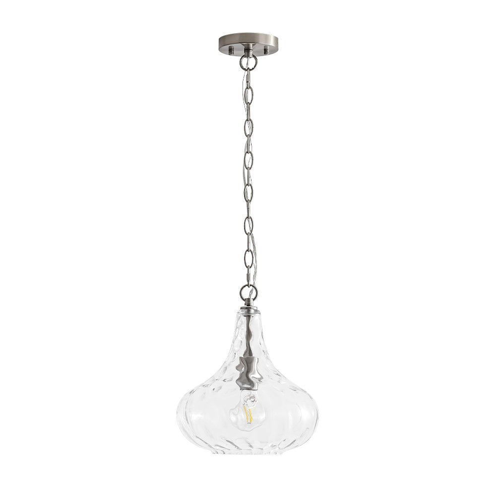 Modern 1-Light Clear Hammered Glass Mini Pendant with Brass Nickel Finish