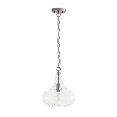 Modern 1-Light Clear Hammered Glass Mini Pendant with Brass Nickel Finish