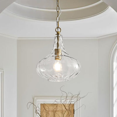 Modern 1-Light Clear Hammered Glass Mini Pendant with Brass Nickel Finish