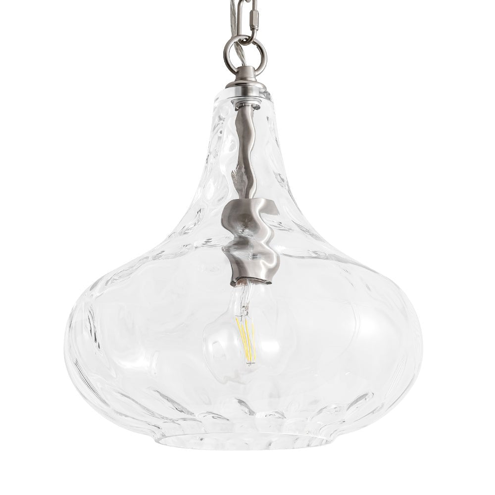 Modern 1-Light Clear Hammered Glass Mini Pendant with Brass Nickel Finish