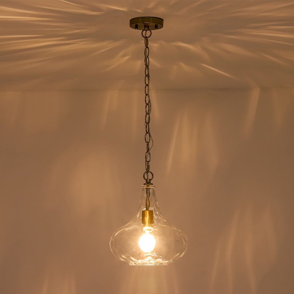 Modern 1-Light Clear Hammered Glass Mini Pendant with Brass Nickel Finish