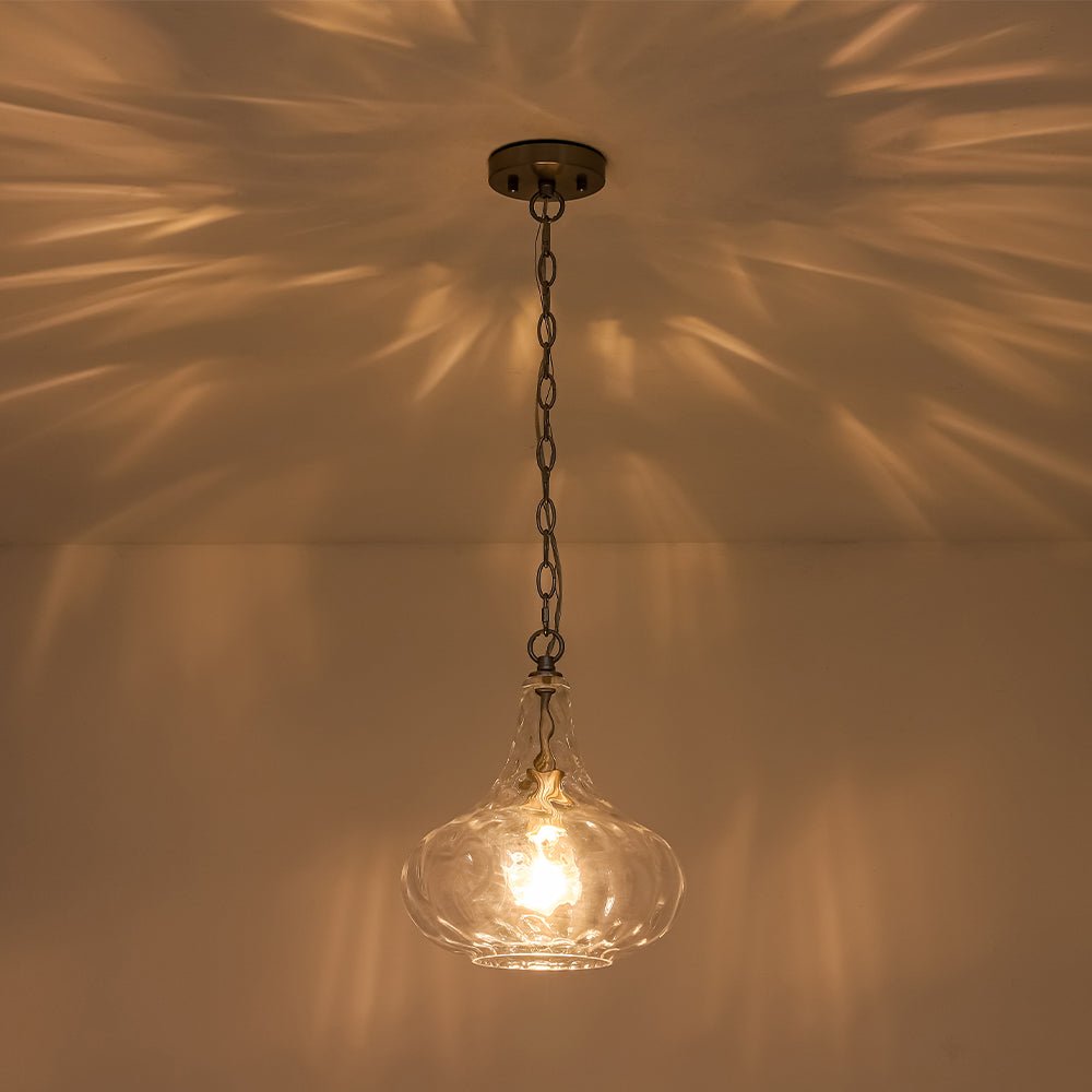 Modern 1-Light Clear Hammered Glass Mini Pendant with Brass Nickel Finish