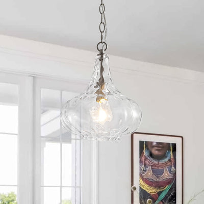 Modern 1-Light Clear Hammered Glass Mini Pendant with Brass Nickel Finish