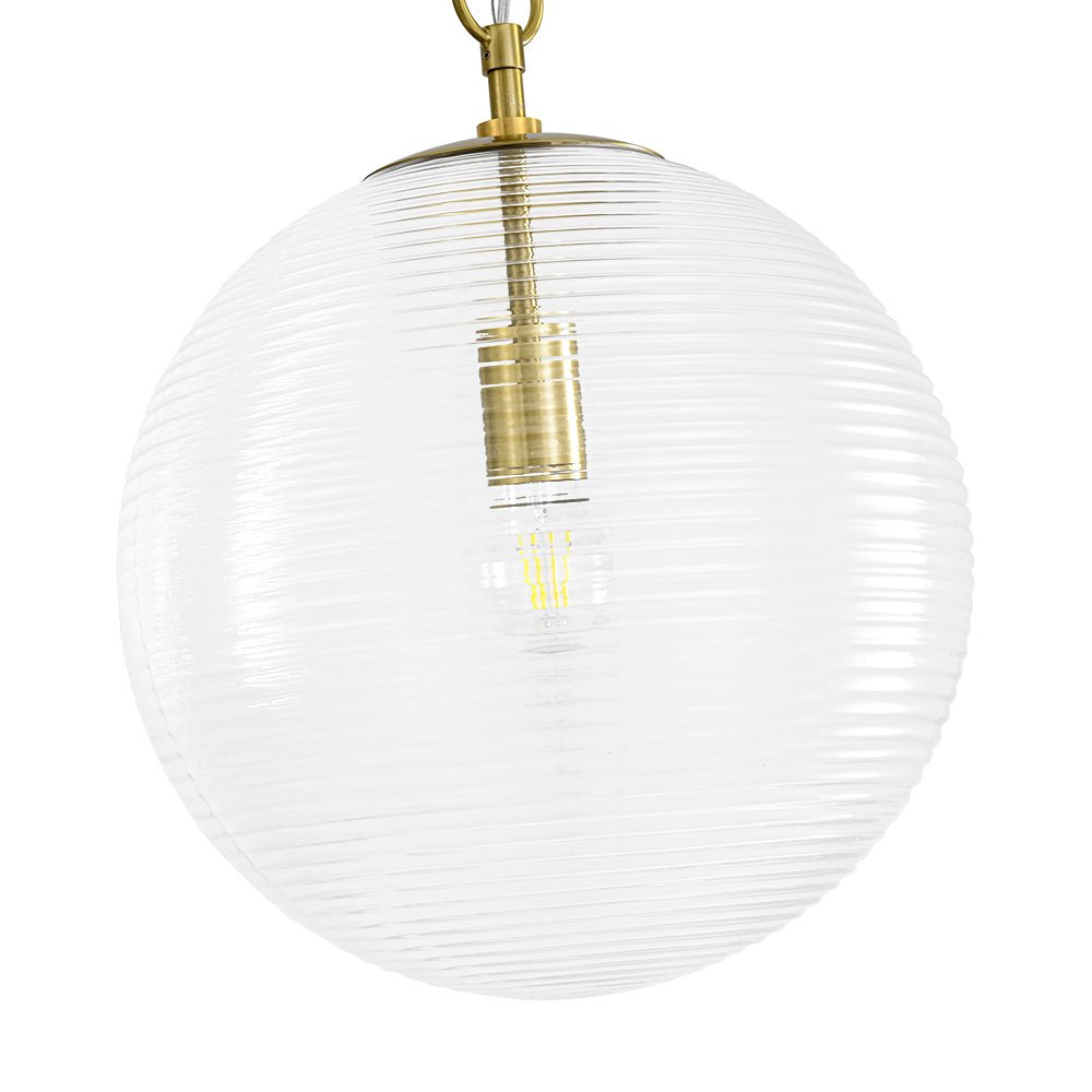 Versatile Modern Clear Ribbed Glass Globe Kitchen Pendant Light Brushed Brass Finish