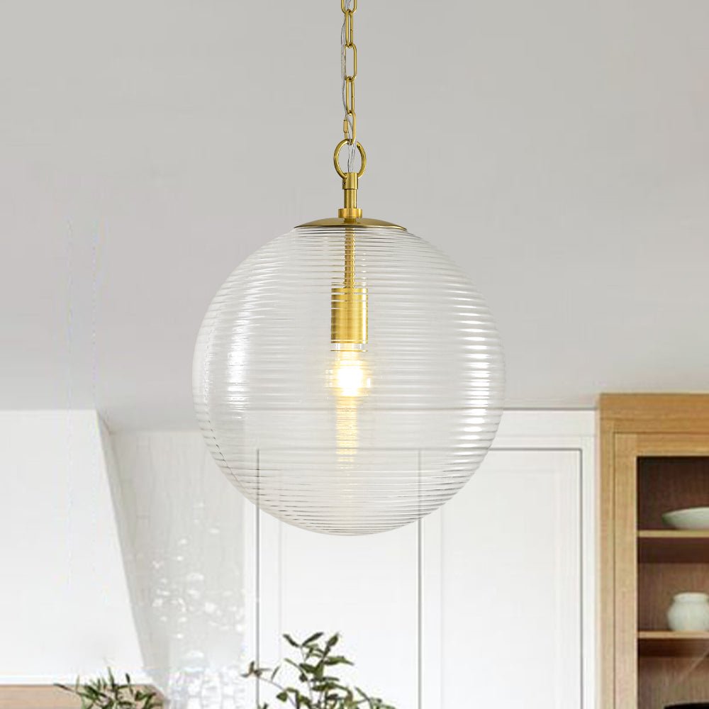 Versatile Modern Clear Ribbed Glass Globe Kitchen Pendant Light Brushed Brass Finish