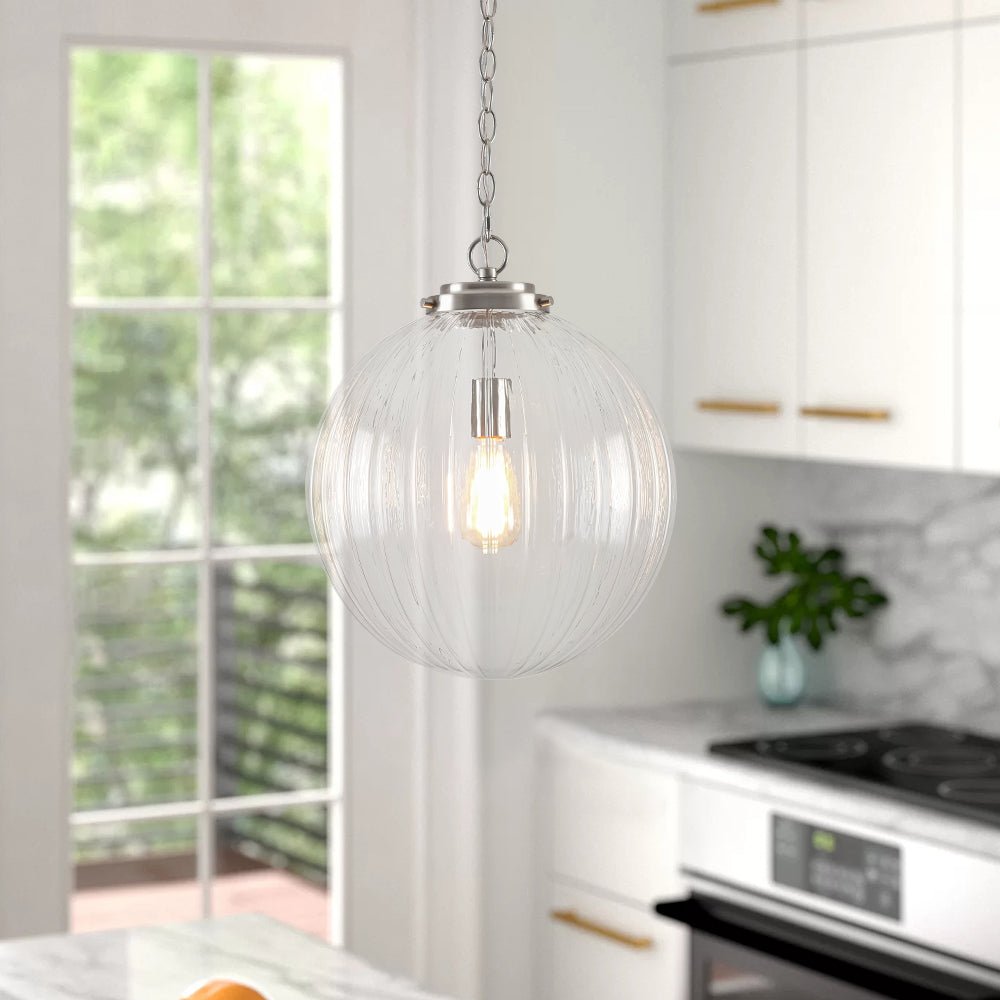 Modern Dimmable Ribbed Glass Pendant Light Fixture, Height Adjustable, Multiple Finishes
