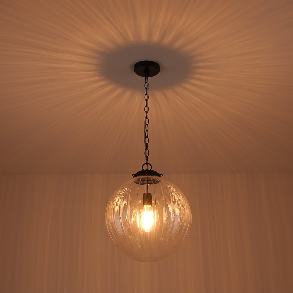 Modern Dimmable Ribbed Glass Pendant Light Fixture, Height Adjustable, Multiple Finishes