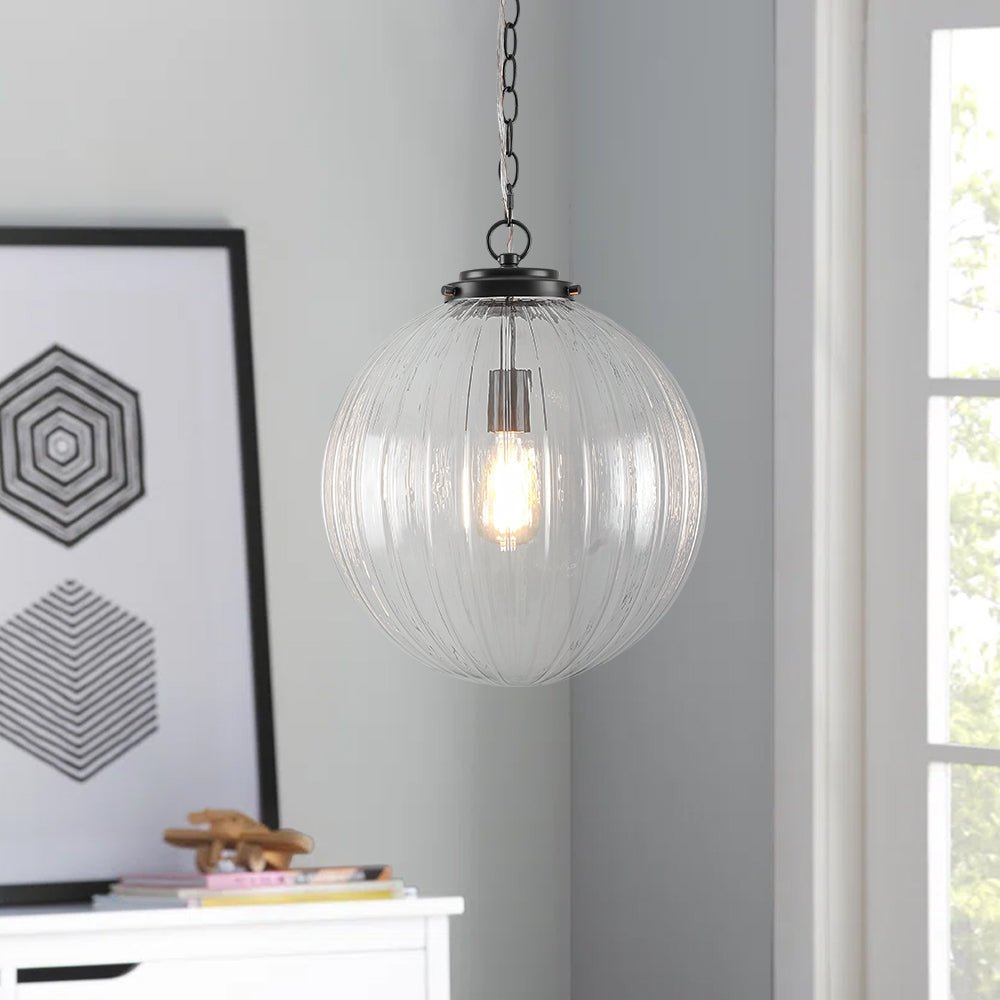 Modern Dimmable Ribbed Glass Pendant Light Fixture, Height Adjustable, Multiple Finishes