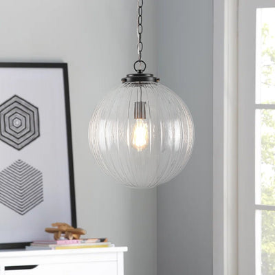 Modern Dimmable Ribbed Glass Pendant Light Fixture, Height Adjustable, Multiple Finishes