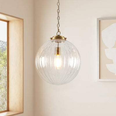 Modern Dimmable Ribbed Glass Pendant Light Fixture, Height Adjustable, Multiple Finishes