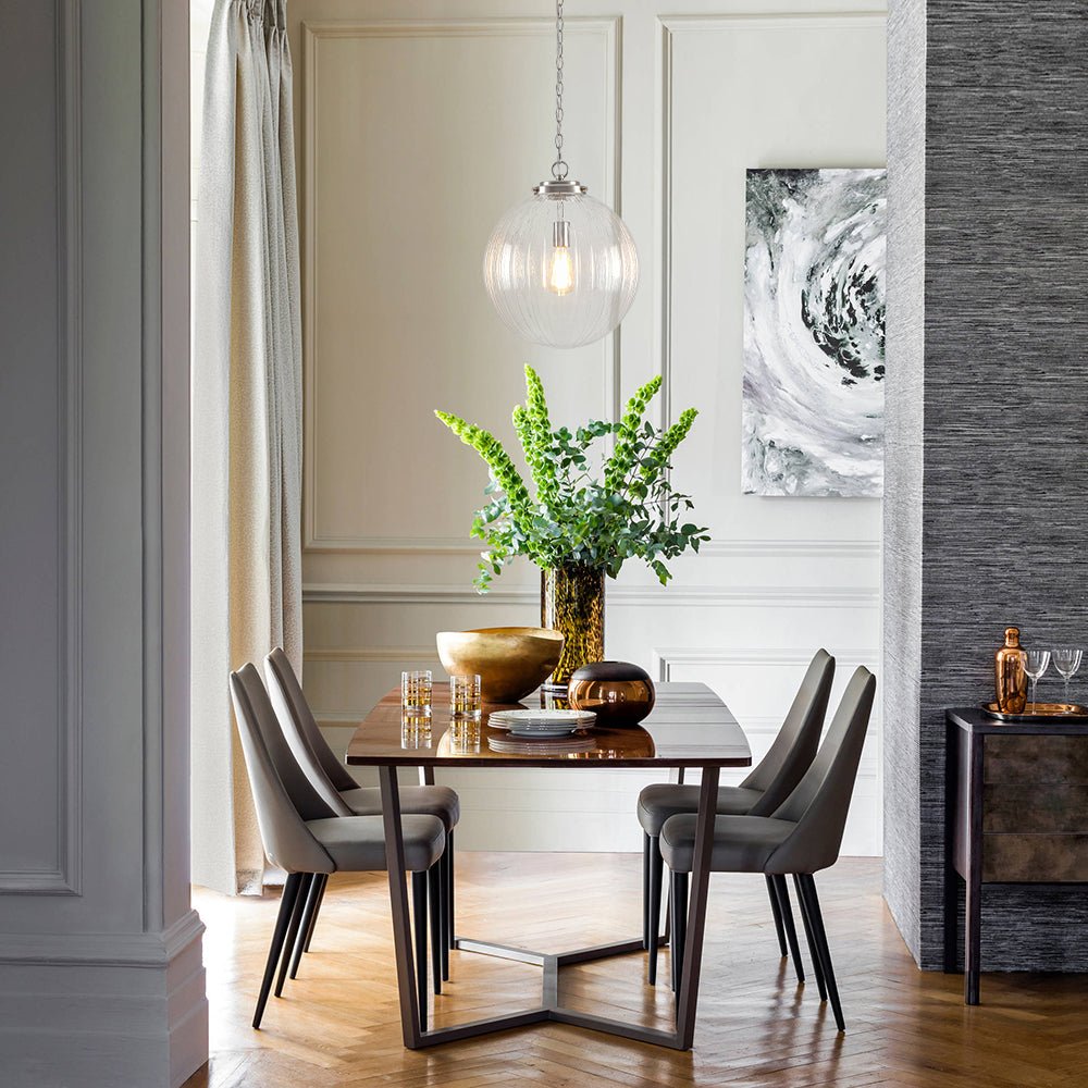 Modern Dimmable Ribbed Glass Pendant Light Fixture, Height Adjustable, Multiple Finishes