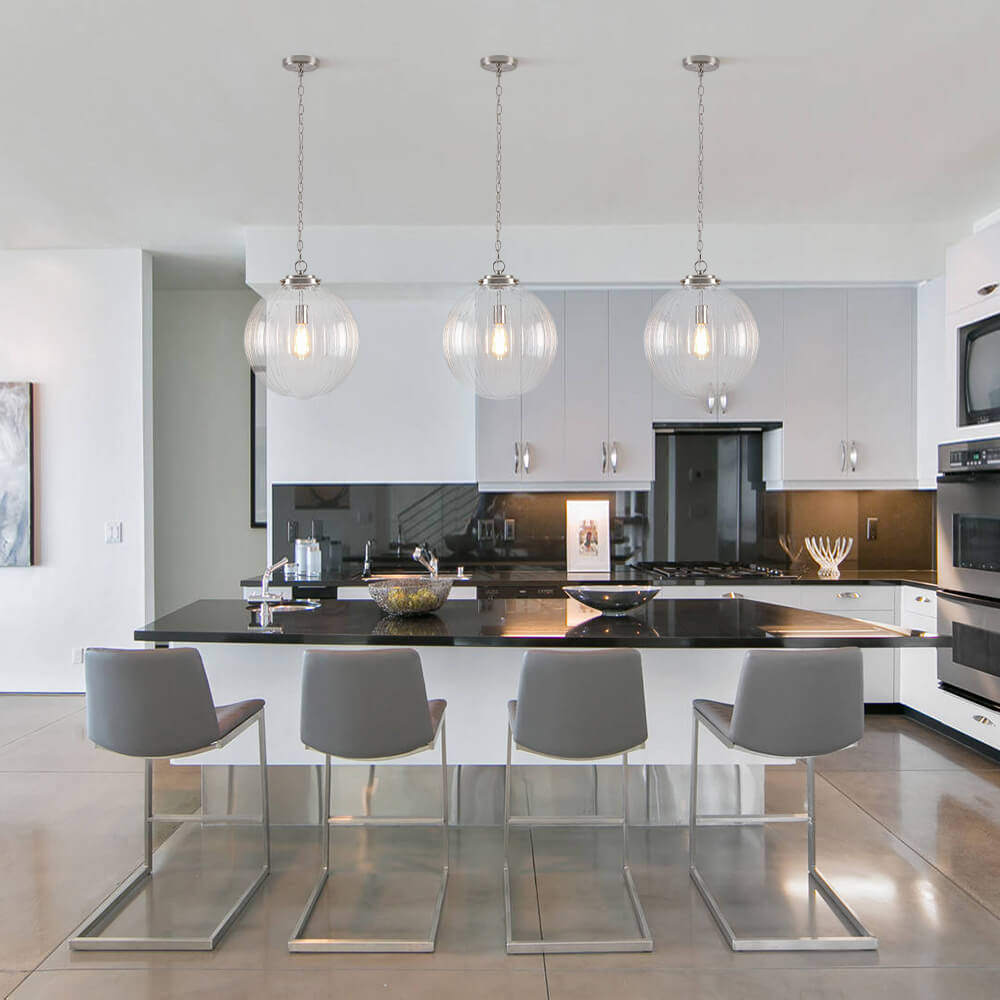 Modern Dimmable Ribbed Glass Pendant Light Fixture, Height Adjustable, Multiple Finishes