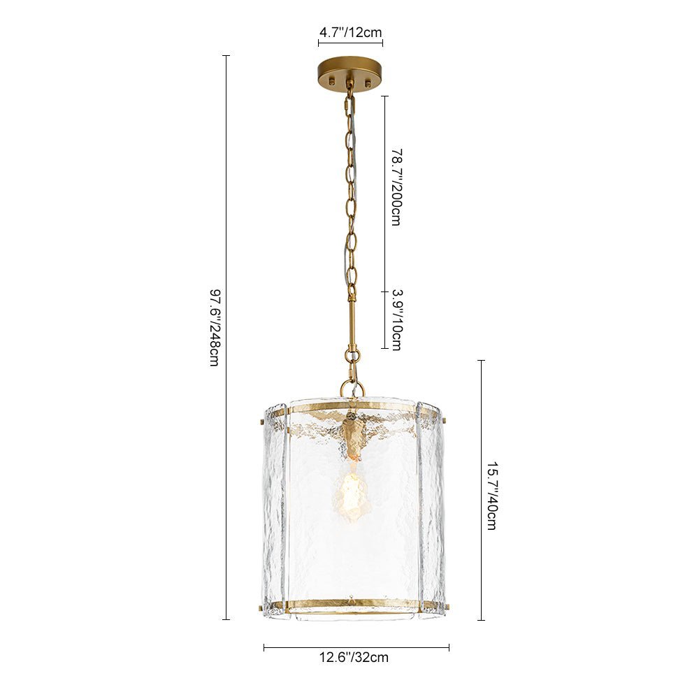 Modern Water Pattern Glass Cylinder Pendant Light, Dimmable, Gold or Nickel Finish