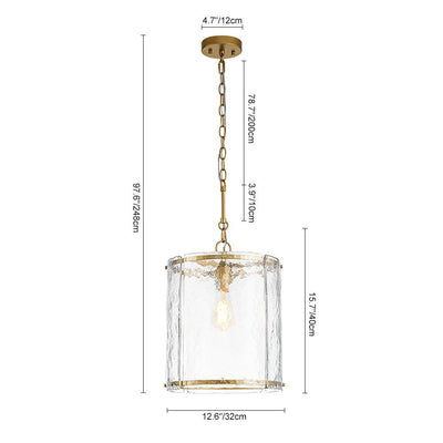 Modern Water Pattern Glass Cylinder Pendant Light, Dimmable, Gold or Nickel Finish