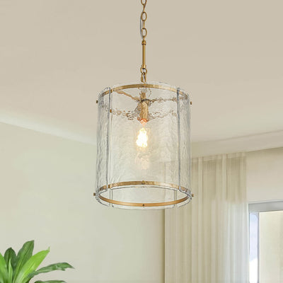 Modern Water Pattern Glass Cylinder Pendant Light, Dimmable, Gold or Nickel Finish