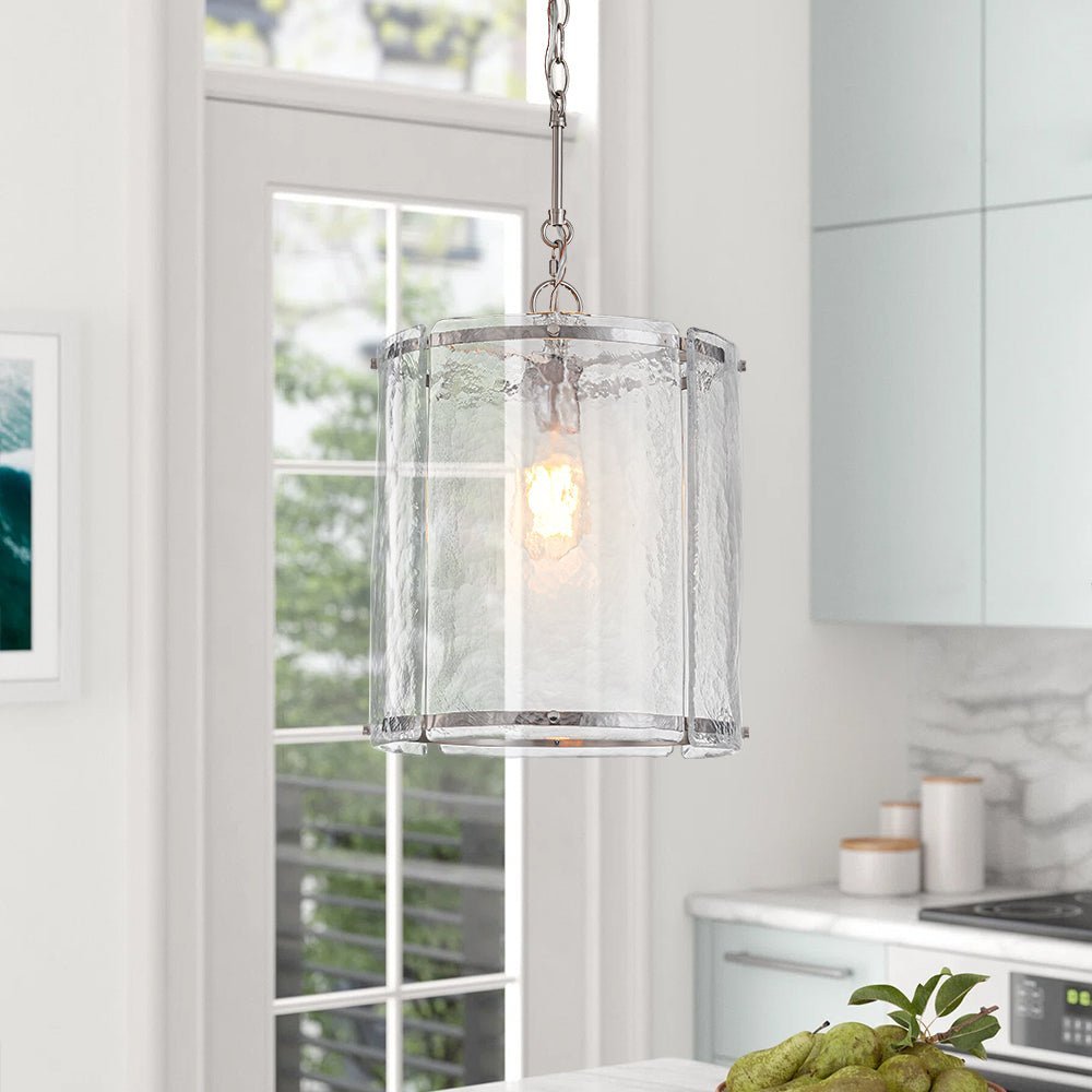 Modern Water Pattern Glass Cylinder Pendant Light, Dimmable, Gold or Nickel Finish