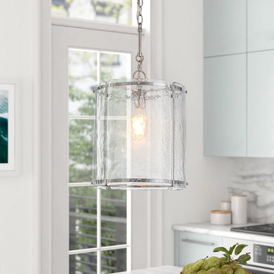 Modern Water Pattern Glass Cylinder Pendant Light, Dimmable, Gold or Nickel Finish