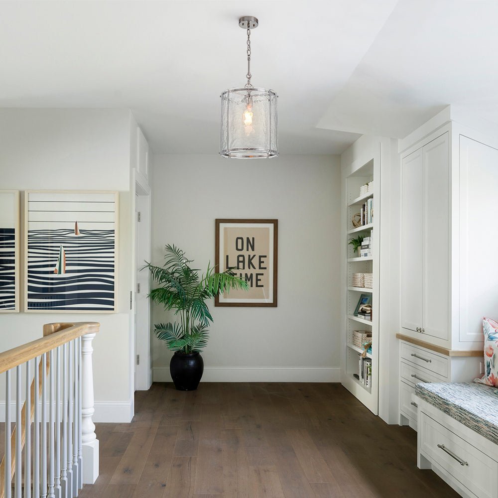 Modern Water Pattern Glass Cylinder Pendant Light, Dimmable, Gold or Nickel Finish