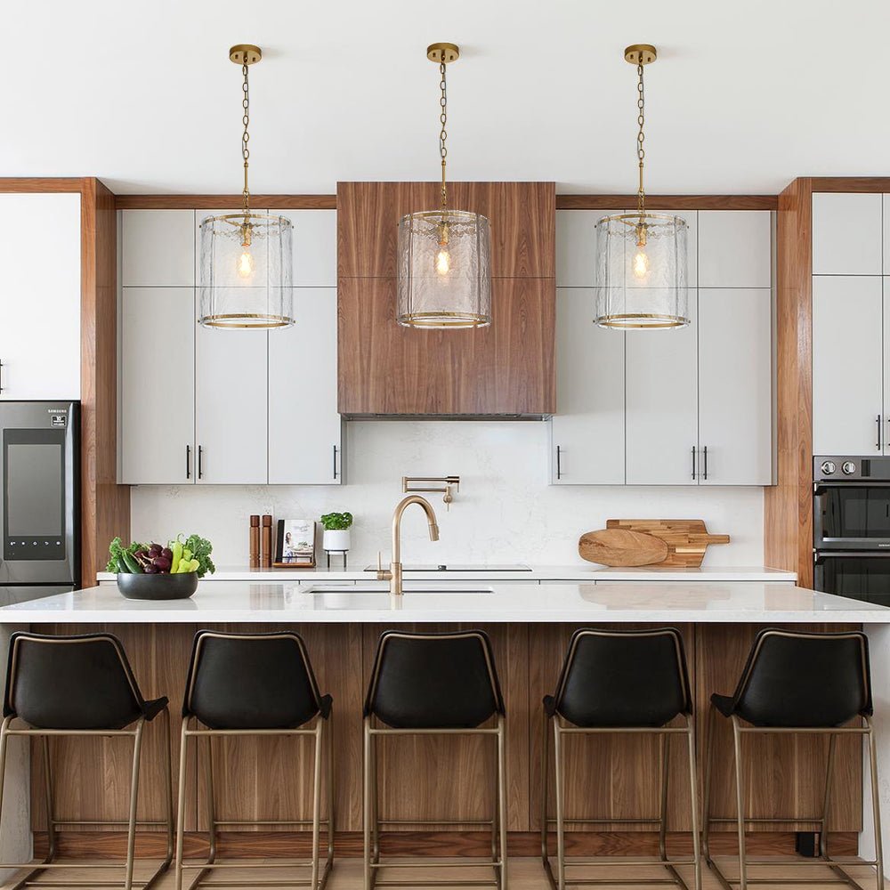 Modern Water Pattern Glass Cylinder Pendant Light, Dimmable, Gold or Nickel Finish