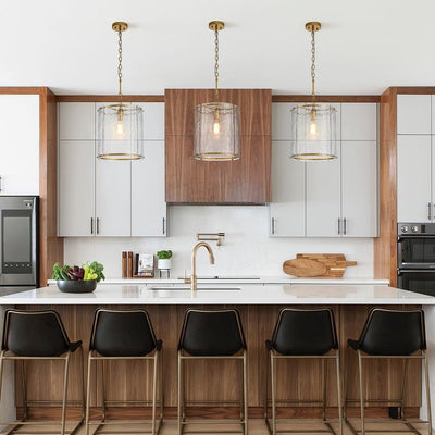 Modern Water Pattern Glass Cylinder Pendant Light, Dimmable, Gold or Nickel Finish