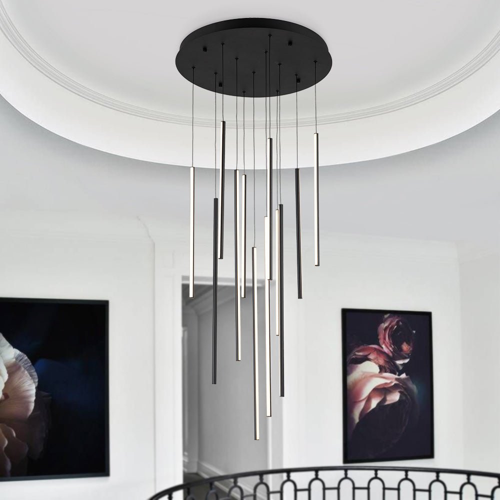 Modern 12-Light Linear LED Multi Light Pendant, Dimmable, Adjustable Matte Black