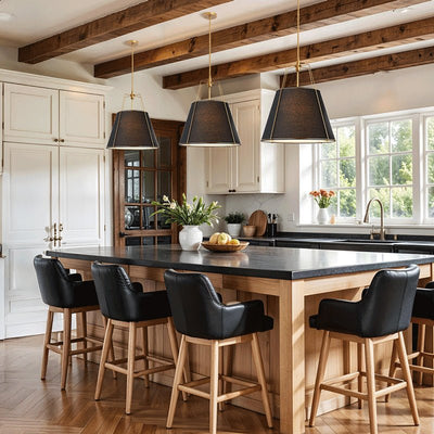 Modern 4-Light Fabric Conical Pendant Lamp with Brushed Brass Accents and Adjustable Height