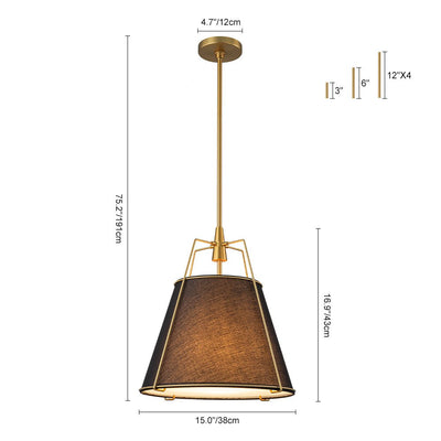 Modern 4-Light Fabric Conical Pendant Lamp with Brushed Brass Accents and Adjustable Height