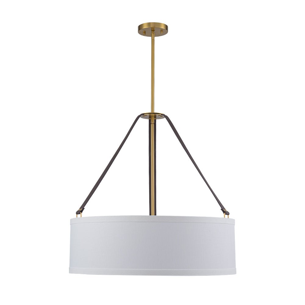 Modern 4-Light White Linen Drum Pendant, Brushed Brass Finish, Adjustable Chandelier