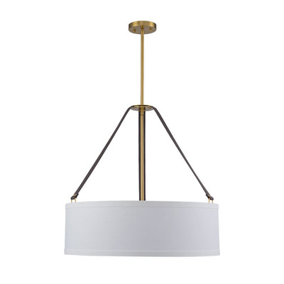 Modern 4-Light White Linen Drum Pendant, Brushed Brass Finish, Adjustable Chandelier