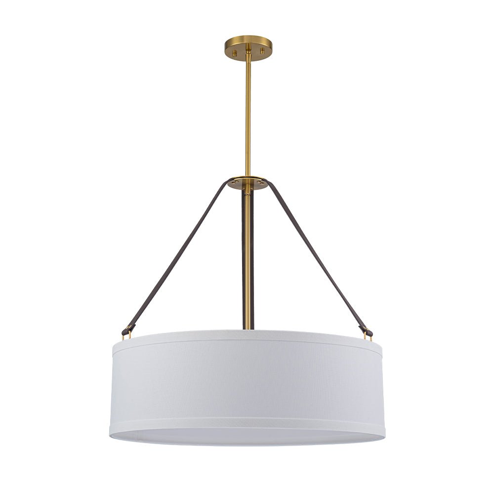 Modern 4-Light White Linen Drum Pendant, Brushed Brass Finish, Adjustable Chandelier