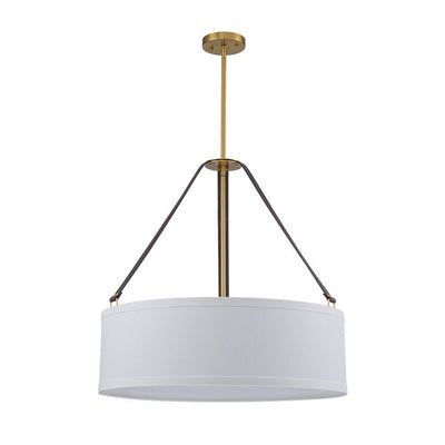 Modern 4-Light White Linen Drum Pendant, Brushed Brass Finish, Adjustable Chandelier