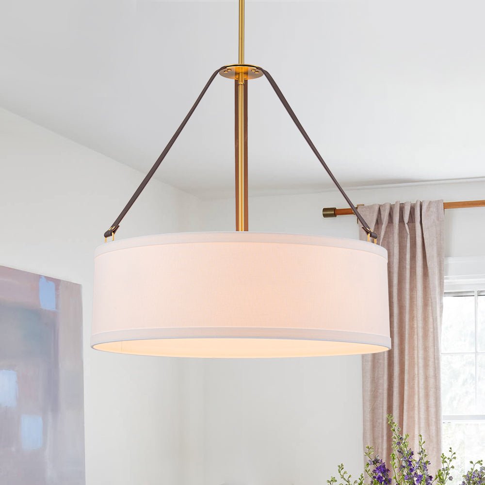 Modern 4-Light White Linen Drum Pendant, Brushed Brass Finish, Adjustable Chandelier