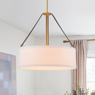 Modern 4-Light White Linen Drum Pendant, Brushed Brass Finish, Adjustable Chandelier