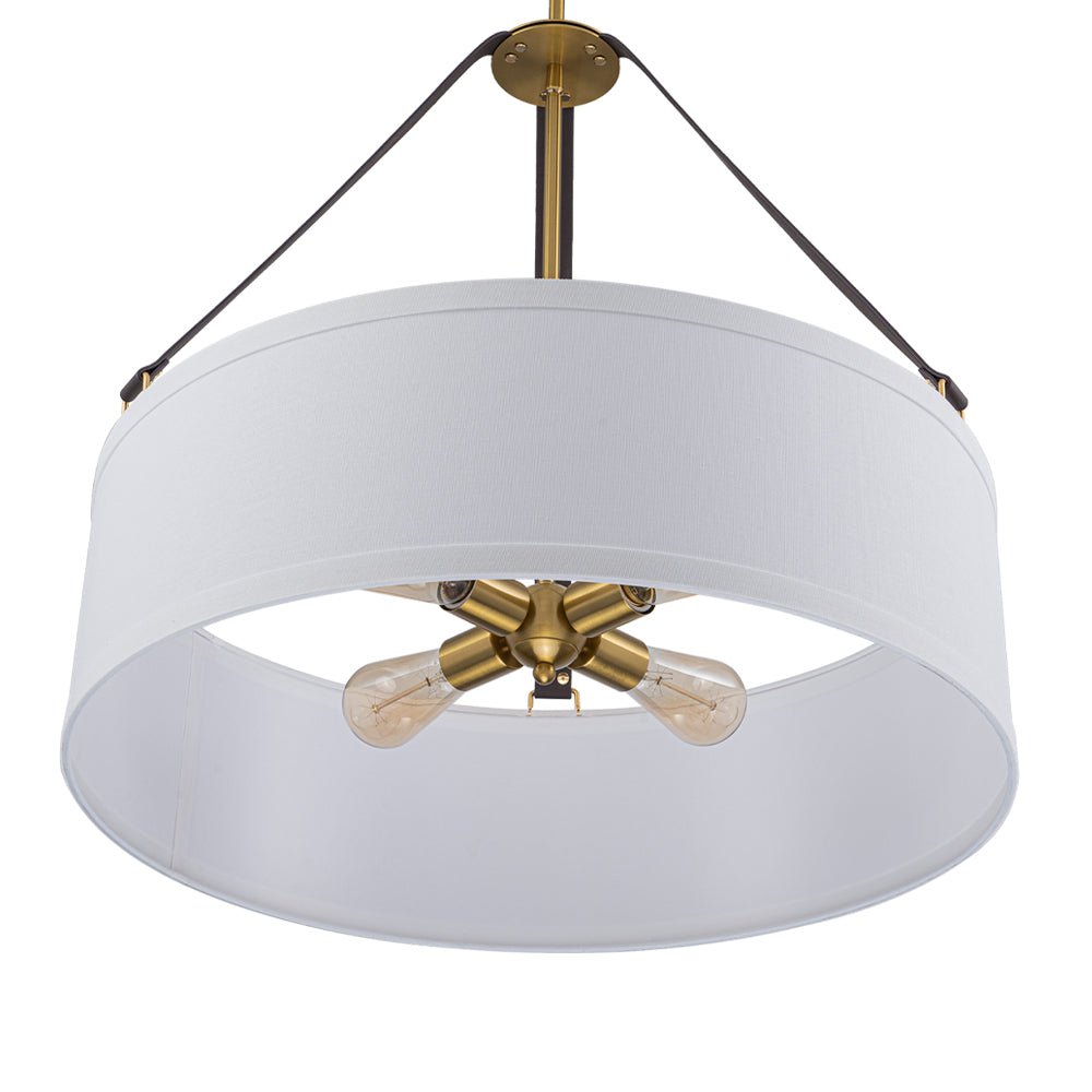 Modern 4-Light White Linen Drum Pendant, Brushed Brass Finish, Adjustable Chandelier