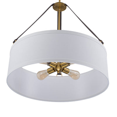 Modern 4-Light White Linen Drum Pendant, Brushed Brass Finish, Adjustable Chandelier