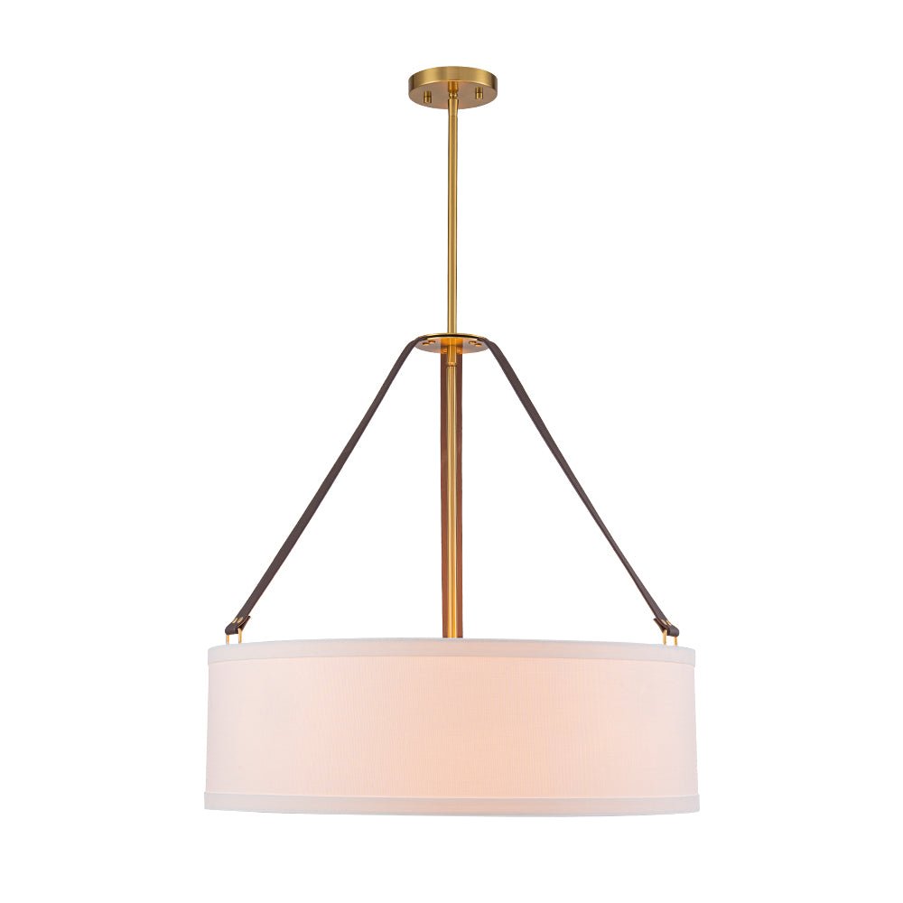 Modern 4-Light White Linen Drum Pendant, Brushed Brass Finish, Adjustable Chandelier
