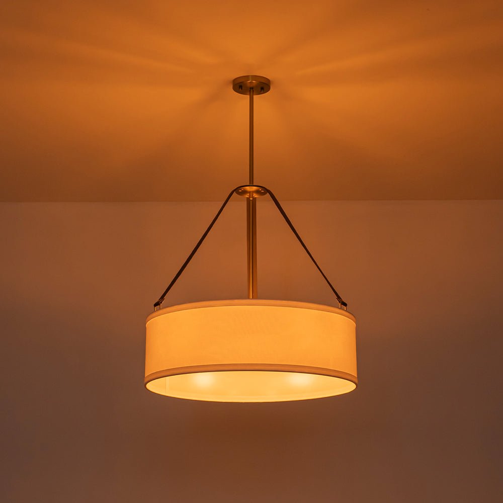 Modern 4-Light White Linen Drum Pendant, Brushed Brass Finish, Adjustable Chandelier