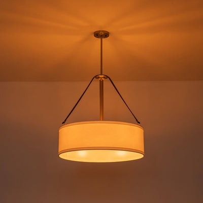 Modern 4-Light White Linen Drum Pendant, Brushed Brass Finish, Adjustable Chandelier