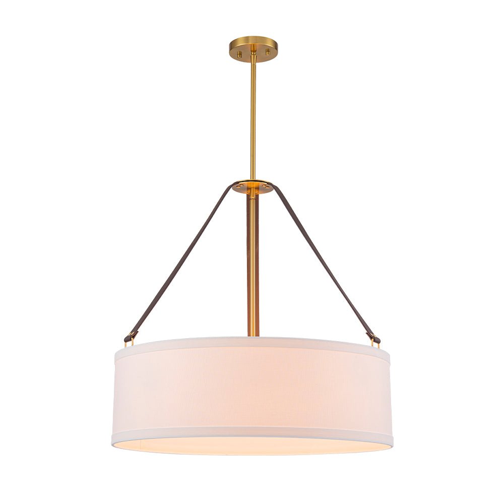 Modern 4-Light White Linen Drum Pendant, Brushed Brass Finish, Adjustable Chandelier