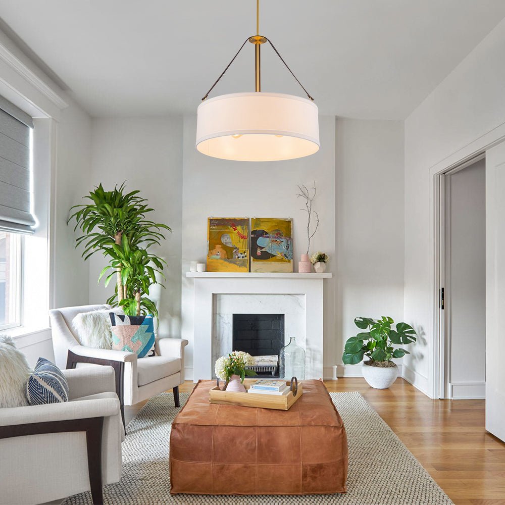 Modern 4-Light White Linen Drum Pendant, Brushed Brass Finish, Adjustable Chandelier