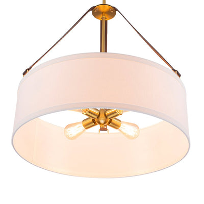 Modern 4-Light White Linen Drum Pendant, Brushed Brass Finish, Adjustable Chandelier