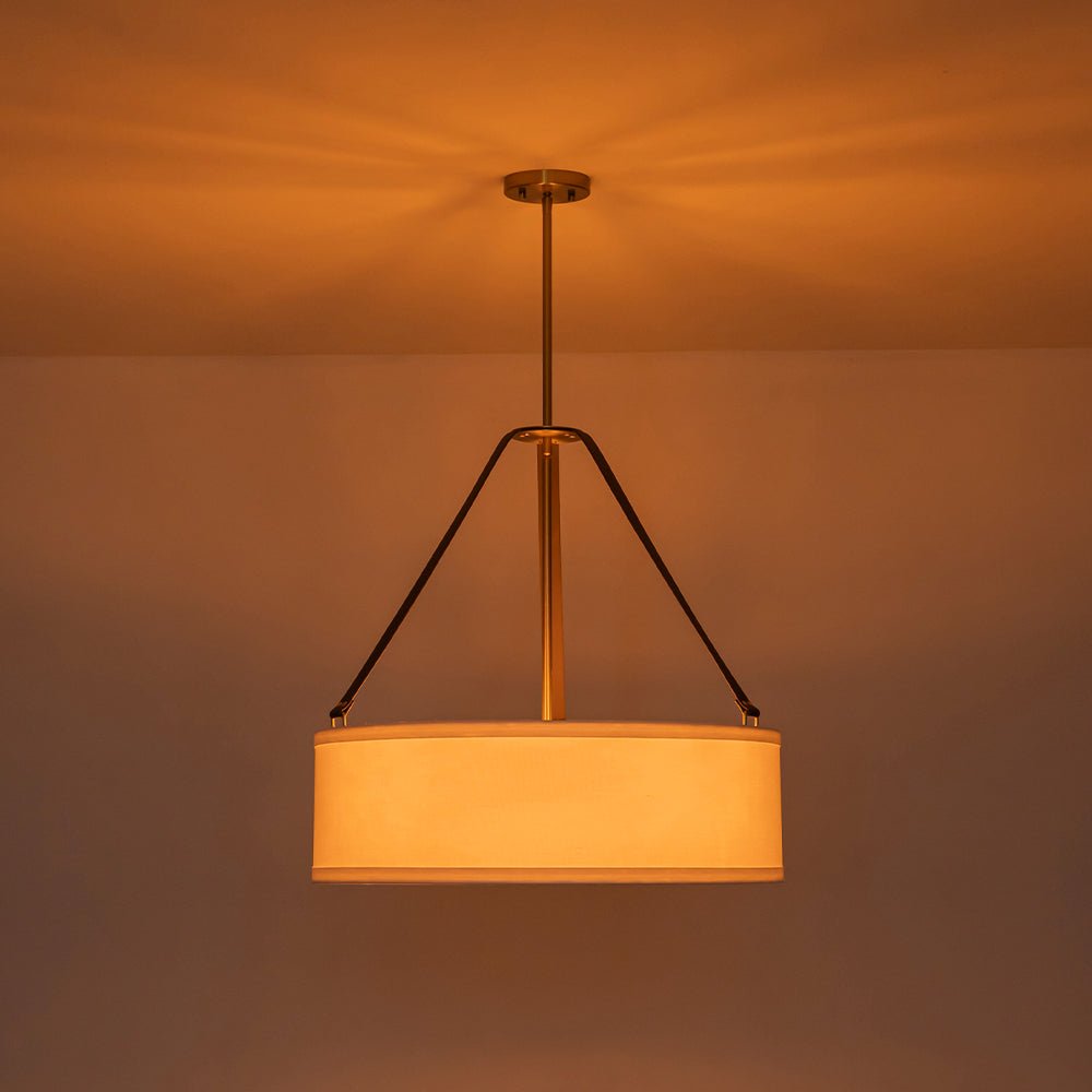 Modern 4-Light White Linen Drum Pendant, Brushed Brass Finish, Adjustable Chandelier