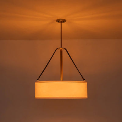 Modern 4-Light White Linen Drum Pendant, Brushed Brass Finish, Adjustable Chandelier